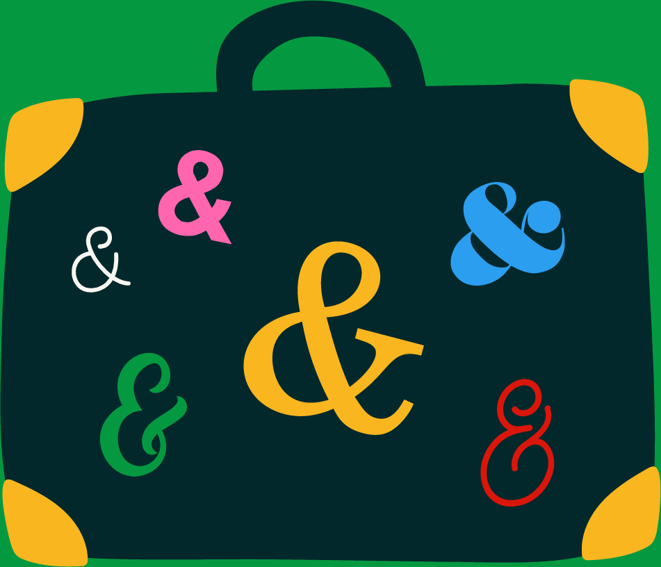 Suitcase decorated with ampersands.
