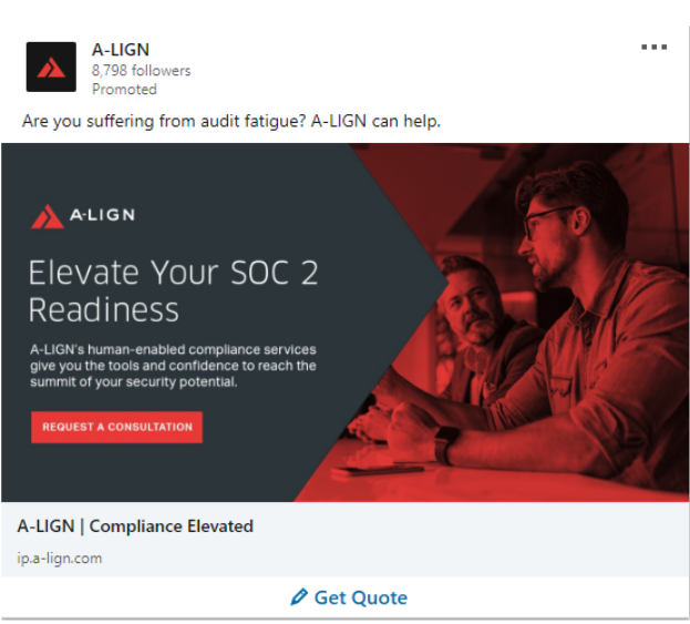 Cybersecurity ad from A-LIGN focused on SOC 2 readiness and compliance services