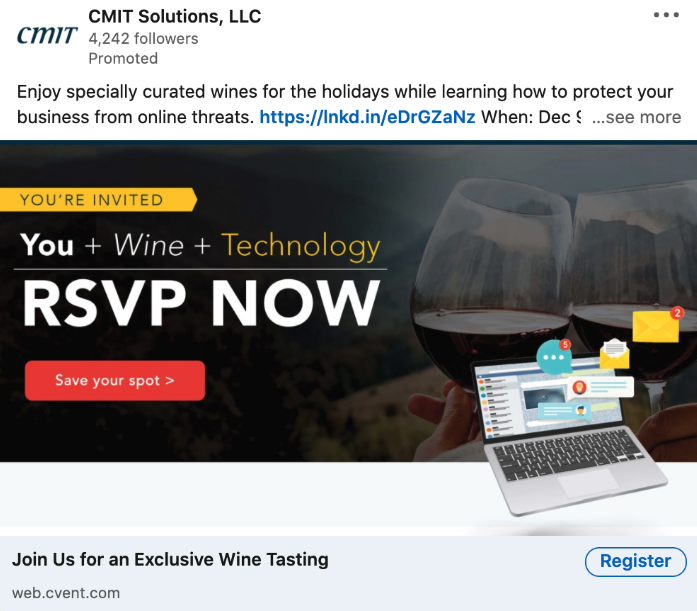 Cybersecurity ad from CMIT Solutions promoting an event for business owners