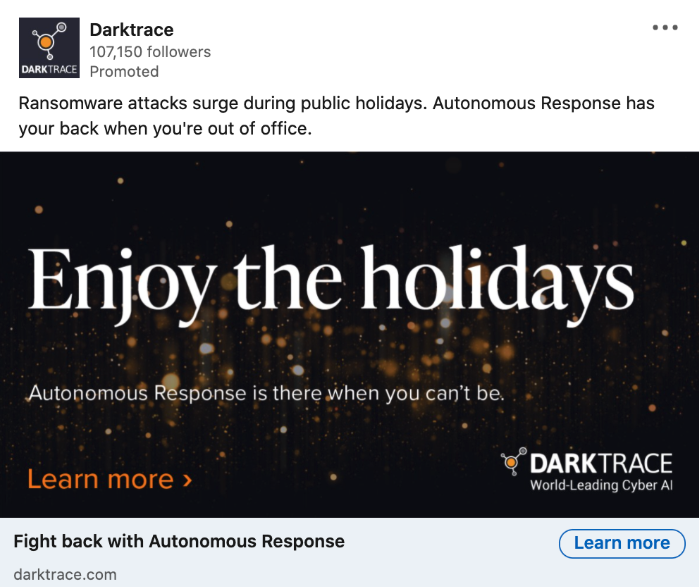 Cybersecurity ad from Darktrace using seasonal messaging around ransomware