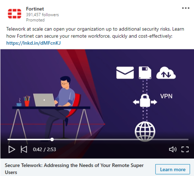 Cybersecurity ad by Fortinet addressing remote workforce security risks