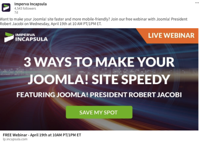 Cybersecurity ad from Imperva Incapsula promoting a Joomla security webinar