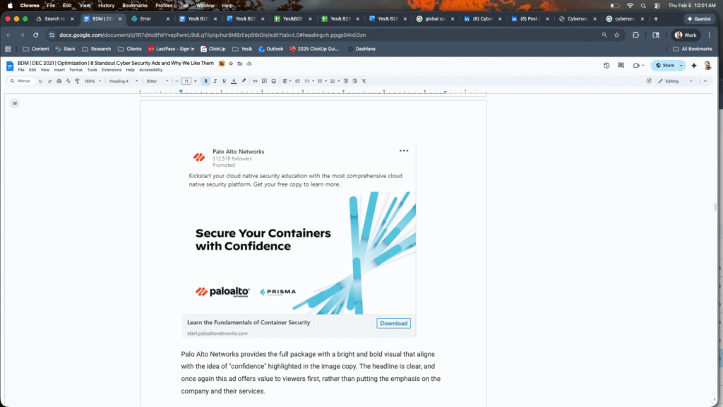 Cybersecurity advertisement from Palo Alto Networks promoting container security