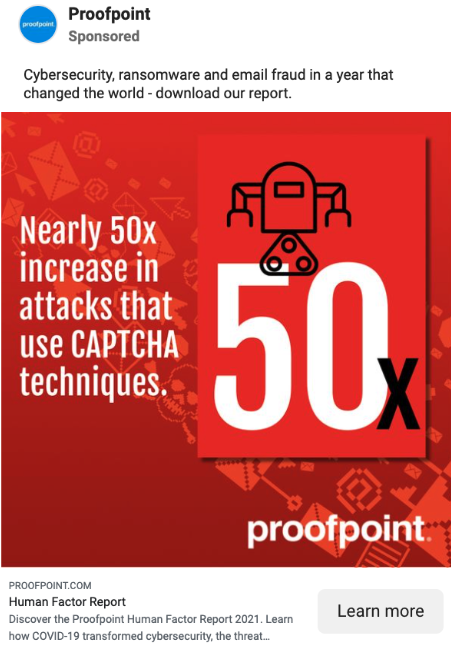 Cybersecurity advertisement from Proofpoint featuring data-led email threat insights