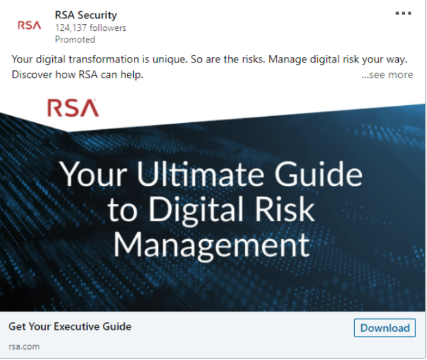 Cybersecurity advertising example from RSA promoting a digital risk management guide