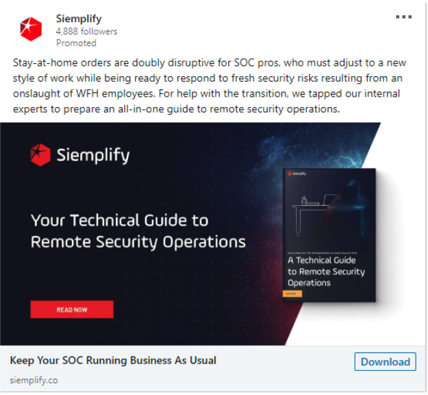 Cybersecurity ad by Siemplify highlighting remote security operations guidance