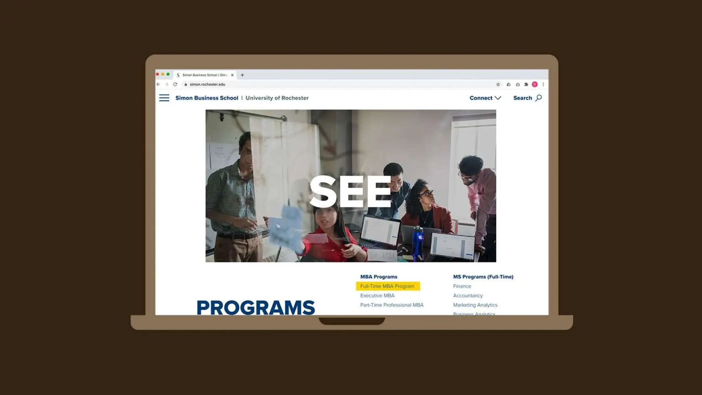 laptop showing Simon Business school website