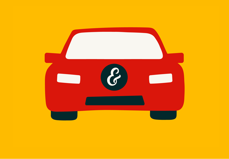 A whimsical car with an ampersand license plate.